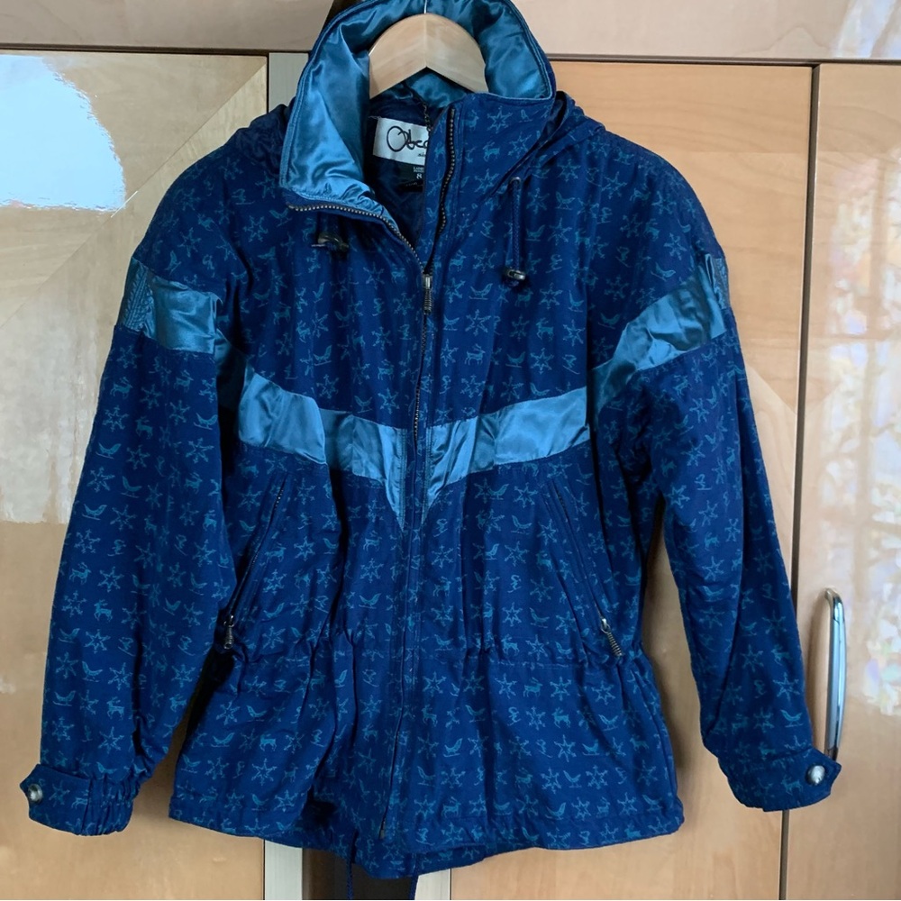 VTG Obermeyer Ski Jacket Womens 8 Petite Navy Blue Alpine Deer Snowflake Print